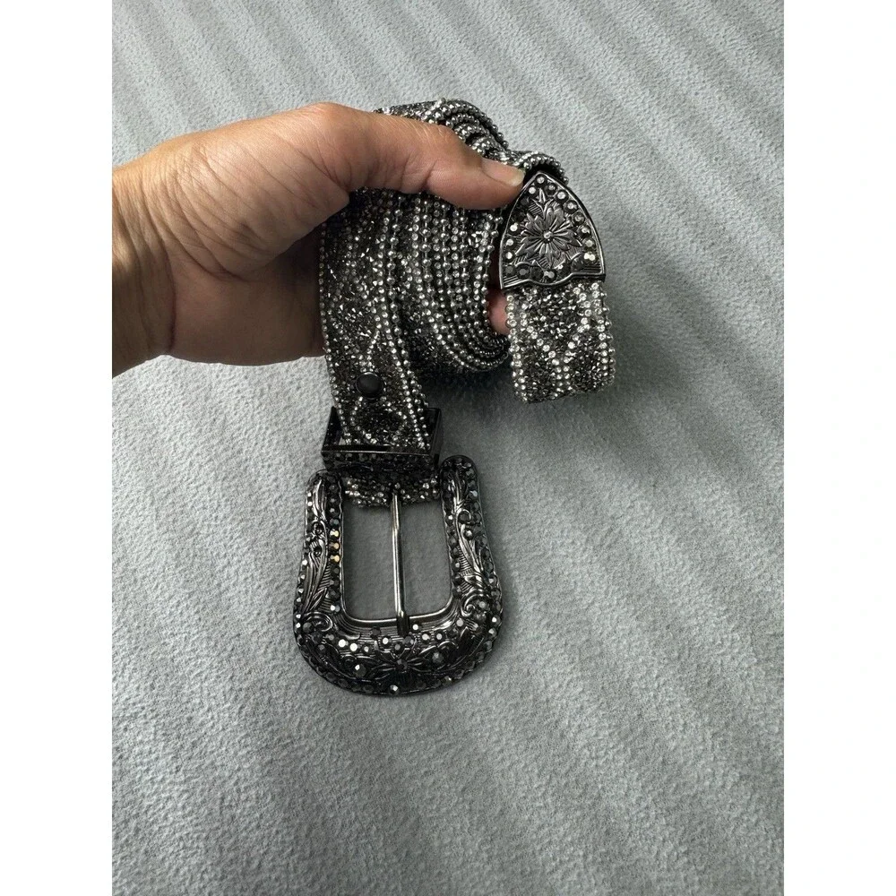 Women’s Rhinestone Western Belt Genuine Leather L/XL Silver Black 6516